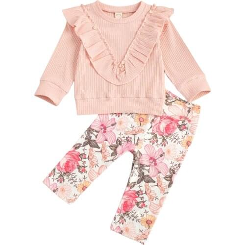 New Little Girls 2-piece Clothes Set, Solid Color Lace Long Sleeve Top Flower Print Long Pants