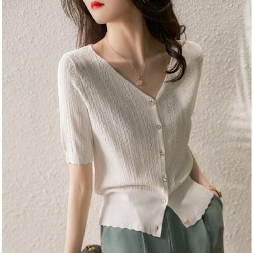 2021 summer hot style, flexible and stylish, exquisite wave pattern and micro-hollow lyocell V-neck knitted cardigan
