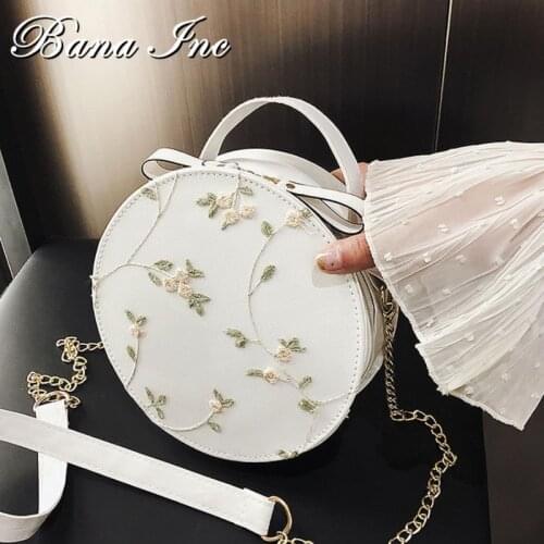 Hot Sale Sweet Lace Round Handbags High Quality PU Leather Women Crossbody Bags Female Small Fresh Flower Chain Shoulder Bags