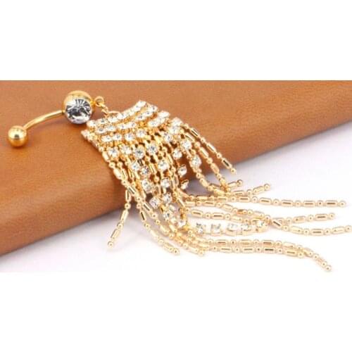 Fashion Golden-color Navel Button Ring With Shiny Gems String Charm Belly Nailing Body Piercing Jewelry