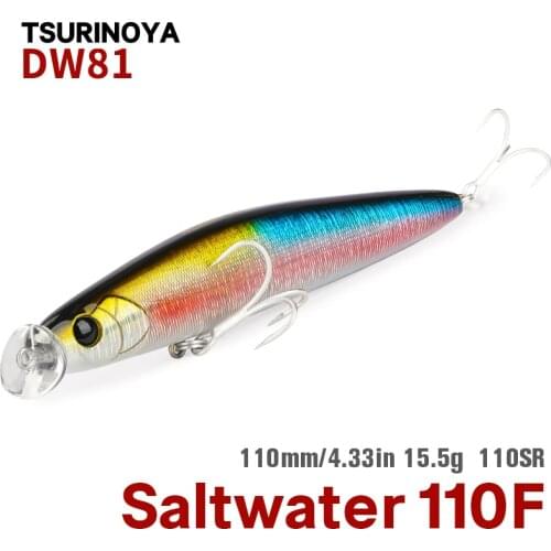 TSURINOYA HUNTER 110F Floating Minnow Fishing Lure DW81 110mm 15.5g Shallow Range Saltwater Floating Minnow For Seabass Pike