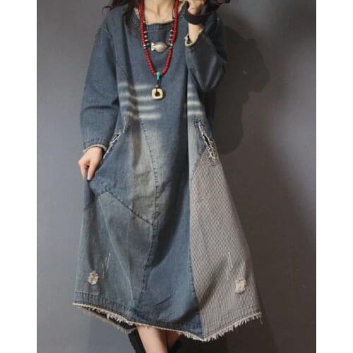 Plus Size O-neck Patchwork Denim Dresses Women Casual All-match Loose Maxi cowboy Dress Harajuku Baggy long-sleeve Jean Dresses