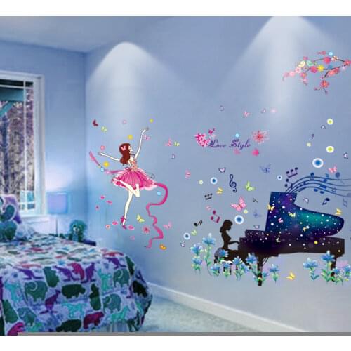 [shijuekongjian] Cartoon Girl Dancers Wall Stickers DIY Piano Player Mural Decals for Kids Room Dancing Studio House Decoration