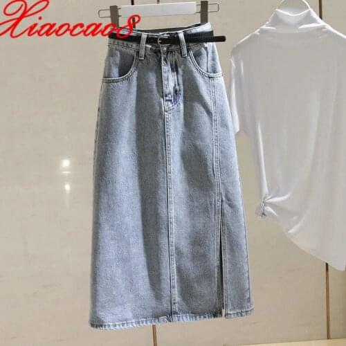 Light Blue High Waist Pockets Mid-Calf Denim Skirt 2021 Summer Spring A Line Jeans Long Skirts For Women Plus Size