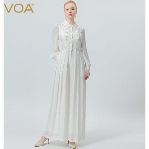 VOA Silk Jacquard Jasmine White POLO Collar Three-dimensional Fold Perspective Long-sleeved Double-layer Elegant Jumpsuit KE509