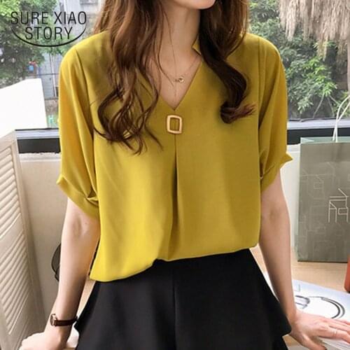 2021 Summer New Solid Color V-neck Short Sleeve Elegant Chiffon Blouse Women Korean Loose Slim Plus Size 4XL Ladies' Tops 9313