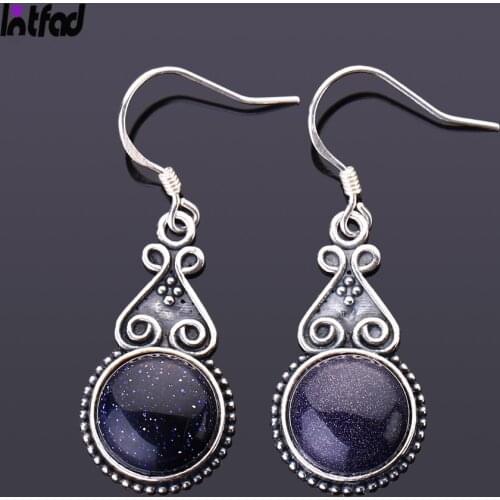 S925 Sterling Silver Drop Earring 10MM Round Blue Sandstone Chrysanthemum Pendant Earrings Engagement Wedding Women Earrings