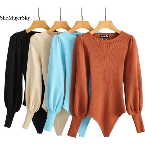 SheMujerSky Women Knitted Solid Color Bodysuits Puff Sleeve Elastic Slim Jumpsuits 2021 Long Sleeve Bodysuit