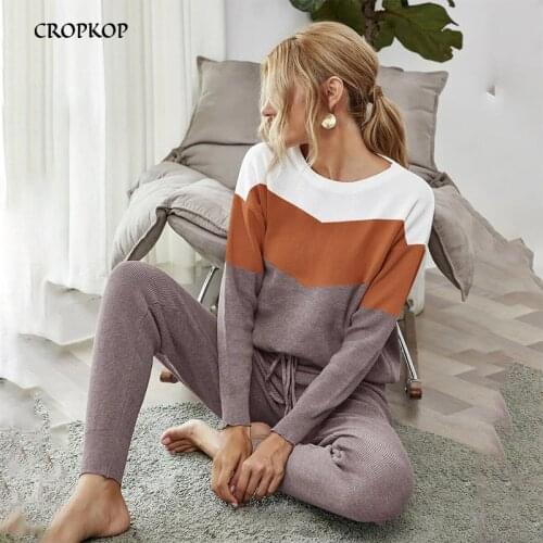 Women Fashion Knitted Set Long Sleeve Color Block Top Casual Bandage High Waist Pants Autumn Winter Sweater Suit Home Clothes
