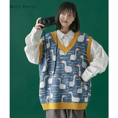 Harajuku Duck Jacquard Kawaii Knitted Pullover Women Cute Sweater Vest 2021 Winter Warm Sleeveless V-neck Korean Girly Soft Top
