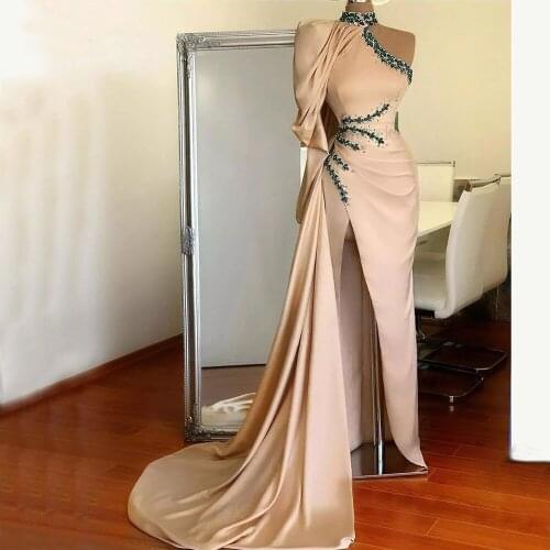 Mermaid Long Evening Dresses High Collar High Slit One Shoulder Crystal Dubai Saudi Arabic Formal Prom Gowns For Women
