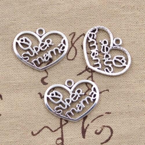 15pcs Charms Heart Super Mama 20x26mm Antique Silver Color Plated Pendants Making DIY Handmade Tibetan Silver Color Jewelry