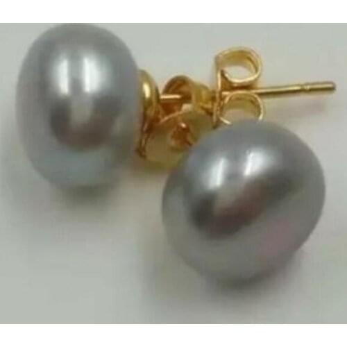 Free Shipping AAA9-10 mm genuine natural south sea gray pearl earrings gold