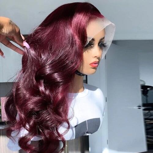 Burgundy Body Wave Free Part Lace Front Wig For Women Human Remy Hair Babyhair Preplucked Brazilian Can Dye Straight 180%Density