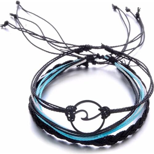 Charms Black Wave Handmake Weave Rope 3pcs/set Bracelet Unisex Trendy Multi-layer Bangle Summer Beach Fashion Bohemian Jewelry