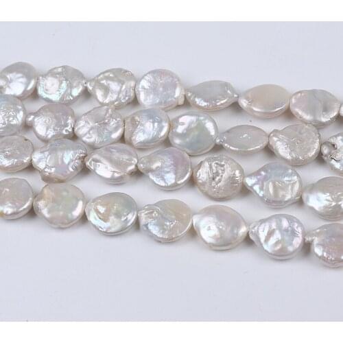 Super Low Price 15-16mm White Real Cultured Freshwater Pearl Strand Natural Coin Shape Pearl Beads With Small Tail