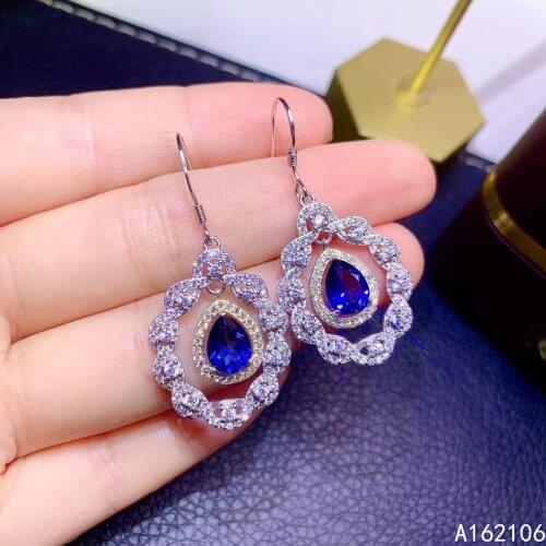 Fine Jewelry 925 Pure Silver Chinese Style Natural Blue Topaz Girl Luxury Trendy Water Drop Gem Earrings Eardrop Support Detecti