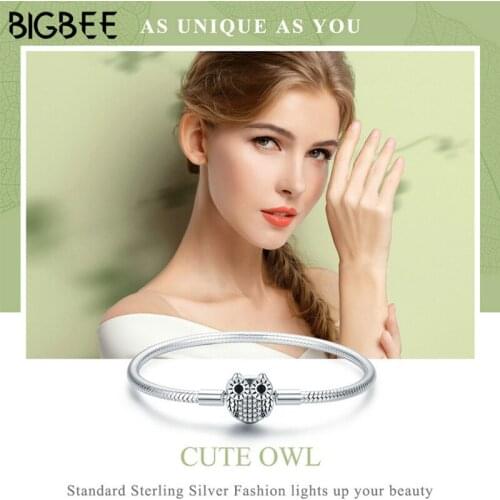 Fine Clear Crystal Owl Clip Snake Chain Bracelet Fit Original Pan Charms Bracelet Men DIY Jewelry for Women Mickey Pulseira Gift