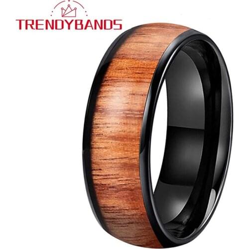 6MM 8MM Tungsten Men Women Ring Black Wedding Band With Koa Wood Inlay Dome Polished Shiny Comfort Fit