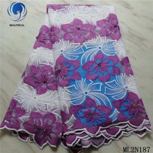 Beautifical african lace fabrics beautiful Orchid embroidery tulle lace fabrics with beads net lace stones fabric 5yards ML2N187