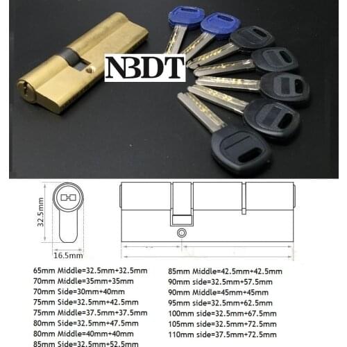 AB Grade 65 70 75 80 85 90 95 100 110mm Middle Side Solid Brass Lock Cylinder With 7 keys Entry Door Double Keyed Replacement