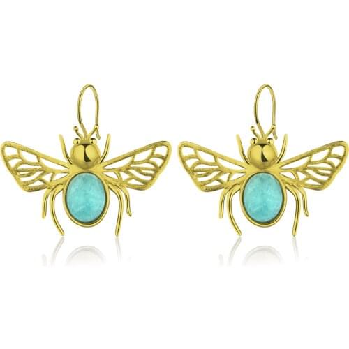 Lotus Fun Real 925 Sterling Silver Natural Amazonite Handmade Fine Jewelry Cute Hollow Out Honeybee Dangle Earrings for Women