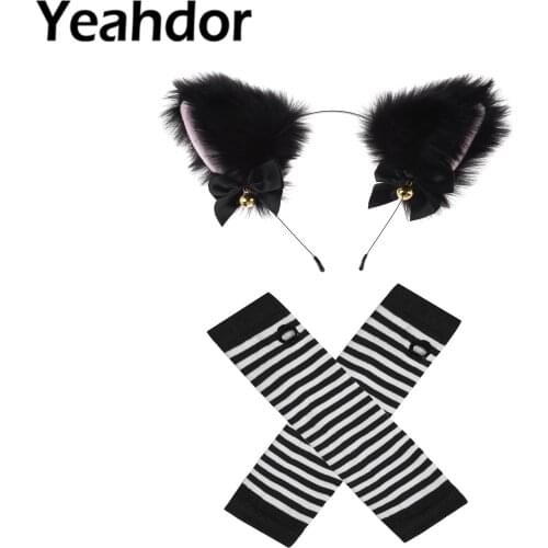 Masquerade Halloween Cute Cat Ears Headband Lolitas Anime Cosplay Plush Hair Band Long Arm Fingerless Gloves Party Costumes