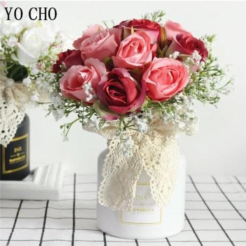 Small Bouquet Fake Babysbreath Roses Silk Flowers Fall Artificial Plastic Flower for Wedding Home Accessories Decor Faux Flowers