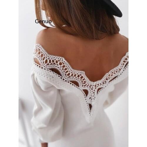 Sexy V-Neck Patchwork Dress White Lace Edge A-Line Lantern Sleeve Dress Autumn Nightclub Open Back Knee Length Dress