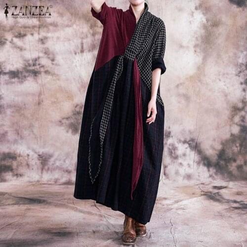 ZANZEA Vintage Long Dress Women Pacthwork Maxi Sundress Autumn Retro Plaid Checked Loose Party Vestido Kaftan Tunic Dresses