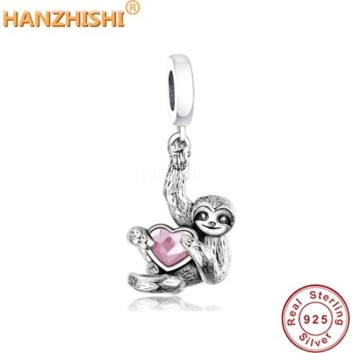 Fit Original Charm Bracelets DIY Jewelry Real 100% 925 Sterling Silver Orangutan with Pink Heart CZ Dangle Charms Beads