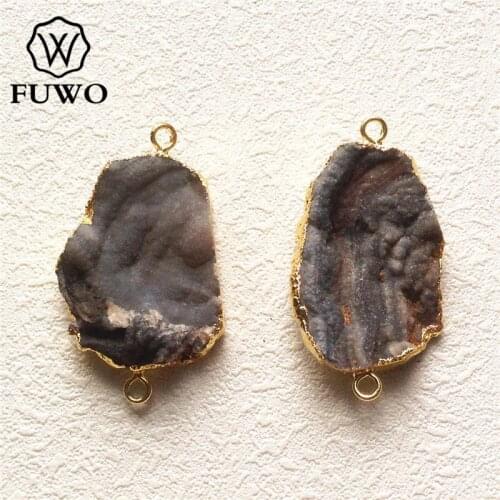 FUWO Natural Galaxy Quartz Connector Pendant 24k Gold Electroplate Edge Sun Agates Gem Stone Jewelry Accessories Wholesale PD134