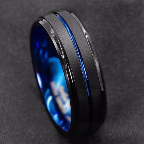 Luxury Stainless Steel Tungsten Carbide Ring Fine Blue Line Inside Black Drawing Wedding Ring Mens Commemorative Jewelry