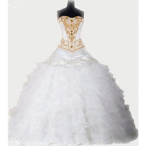 RSE275 High Quality Yiaibridal Sweetheart Neckline Organza Ruffles Puffy Beaded Gold White 2 Piece Quinceanera Dresses