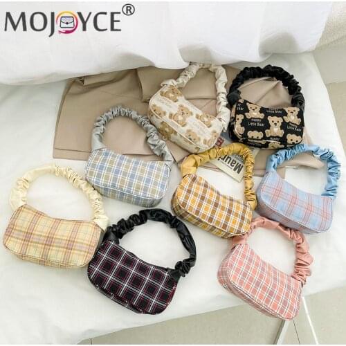 Bear Plaid Print Pleated Handbags Leisure Armpit Bag Casual Canvas Small Tote Female Shopping Shoulder Pouch for Women