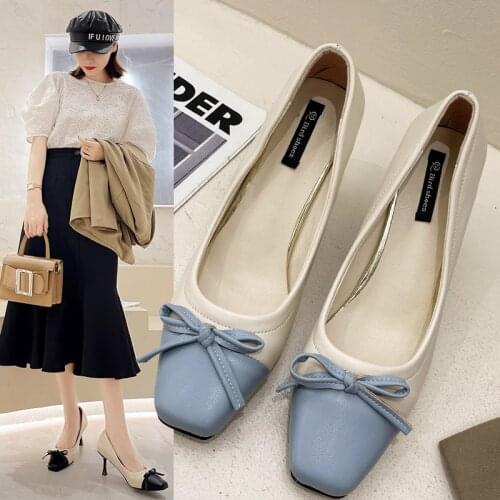 Hot Women Stitching Square Toe Pumps Bow-knot Shallow Work Shoes Ladies Elegant Comfy Chunky High Heels Slip on Woman Footwear