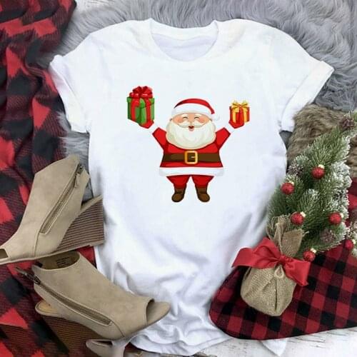 Santa Claus Holding Gifts White T-shirt Women Fashion TShirt Female 90s White Tshirt Women Graphic Tee Short Sleeve