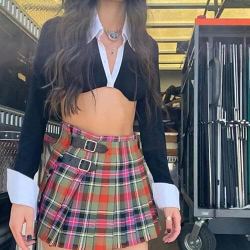 2021 Fashion Black&White Patchwork Shirt Women Long Sleeve Turn-Down Collar Short Blouse Sexy Casual Crop Top Streetwear