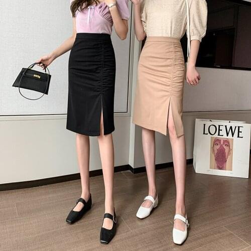 Womens Mid-length Skirt 2021 Spring & Summer High Waist Pleated One-step Tight Skirt Professional Sexy Split Skirt BSQ341