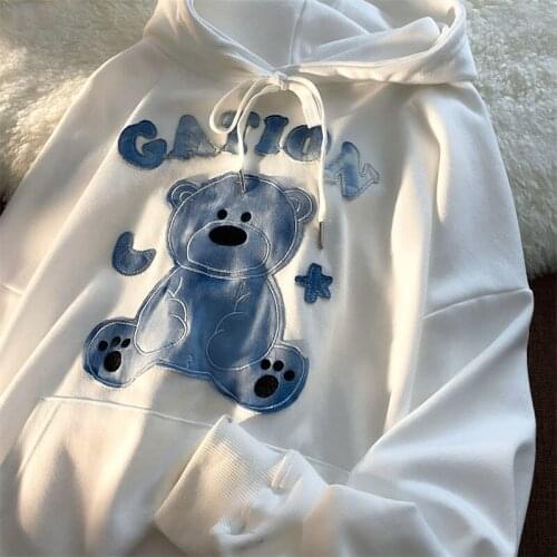 Funny Bear Embroidery Sweatshirt Hoodies for Teens Clothes Cotton Oversized Harajuku 2021 Womens Winter Tops Goth Punk Fashion