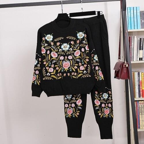 Autumn Korean Fashion Embroidery Flowers Knitted Tracksuits Women Outfits Loose Casual Black Knit Sweater Long Pants Set Female