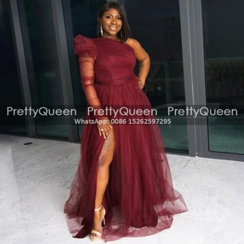 Sexy High Split A Line Prom Dresses Sheer One Long Sleeves For Women Burgundy Tulle Plus Size Women Dress Party Formal Gown