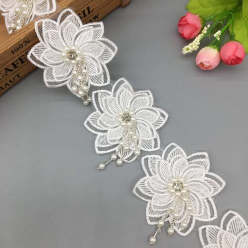 1 yard 7.5CM White Pearl Rose Flower Embroidered Lace Trim Ribbon Fabric Sewing Craft For Costume Wedding Dress Clothes Decor