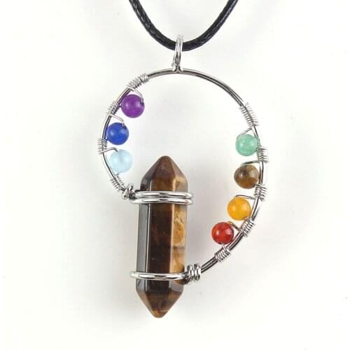 100-Unique 1 Pcs Silver Plated Tiger Eye Stone Hexagon Column 7 Round Beads Chakra Pendant Necklace Fashion Jewelry