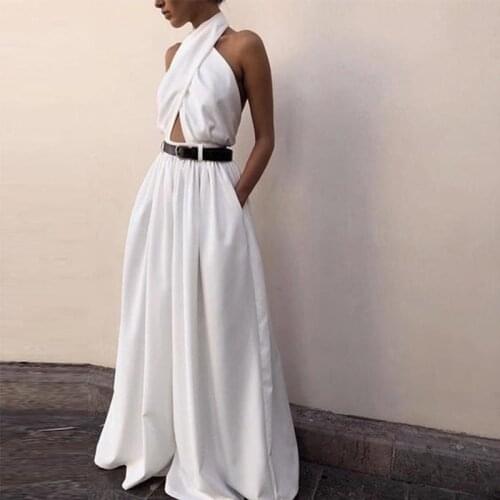 Wide Leg Pants Womens Sexy Backless Halter Hollow Out Criss-cross White Jumpuits Rompers Woman Fashion Long Trousers Flare Pant