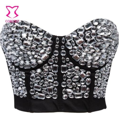 Resin Gem Studded Bustier Push Up Bra Top Underwear Women Bralette Burlesque Corsage Soutien Gorge Club Bras With 5 Hook