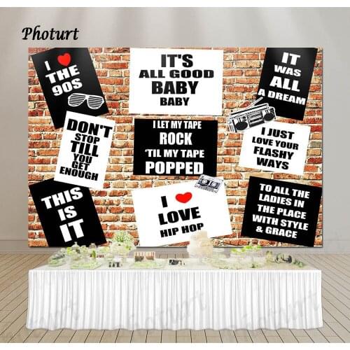 PHOTURT 80s 90s Party Backdrop Retro Disco Hip Hop Background White Black Brick Wall Photo Booth Studios Banner