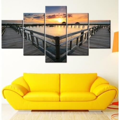 Canvas Painting Wall Art Frame Home Decor Pictures 5 Pieces seascape Trestle with sunset sea Poster Living Room HD Printed