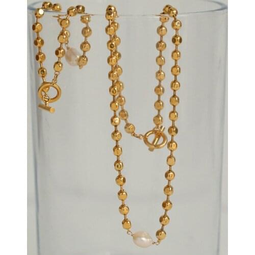 Metal Hip Hop Round Bead Chain Natural Pearl OT Buckle Necklace Bracelet Set Female 2021 European And American Pendant Jewelry