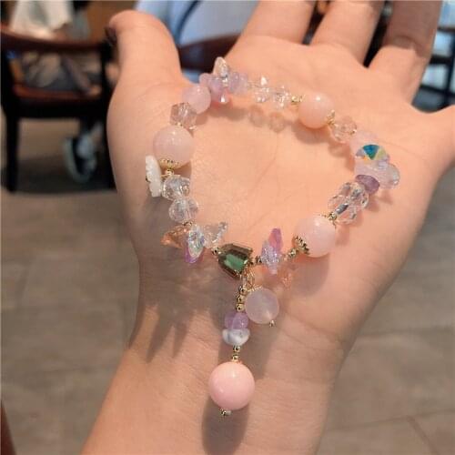 Korean Design Wind Chime Resin Flower Pink Crystal Natural Crushed Stones Beaded Bracelets for Women Girl Fashion Jewelry YBR507